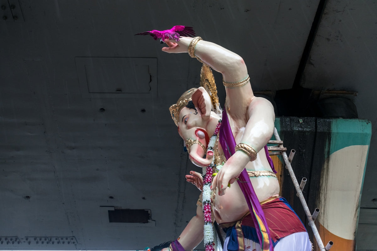 A statue of a man with a bird on his arm