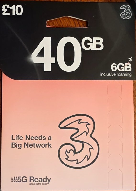 Three UK 40GB 5G Pay As You Go SIM card deal with free UK delivery
