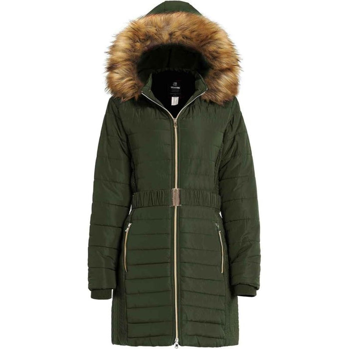 Wantdo women's army green long winter puffer coat with a fur-trimmed hood and waist belt at MNEX