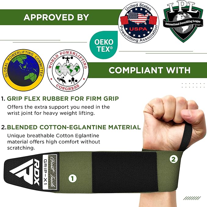 RDX W3 IPL USPA Approved Powerlifting Wrist Support Wraps with Thumb Loops OEKO-TEXÂ®Â Standard 100 certified#color_army-green