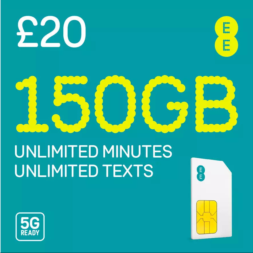 EE SIM Card 150GB £20 Pay As You Go 5G Ready – front packaging