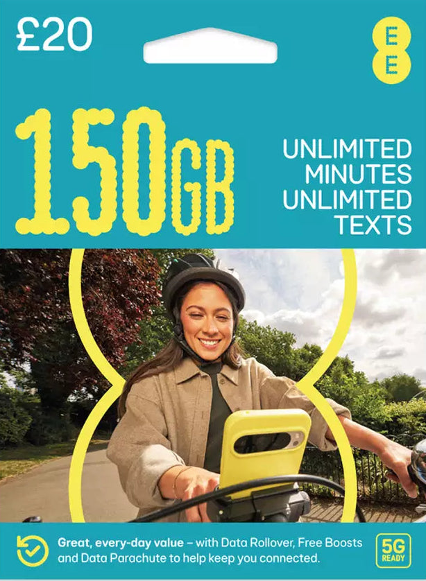 EE SIM Card 150GB £20 – packaging front with lifestyle image, Data Rollover, Free Boost, Data Parachute