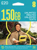 EE SIM Card 150GB £20 – packaging front with lifestyle image, Data Rollover, Free Boost, Data Parachute