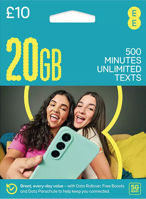 EE SIM Card 20GB £10 Pay As You Go 5G Ready – front packaging