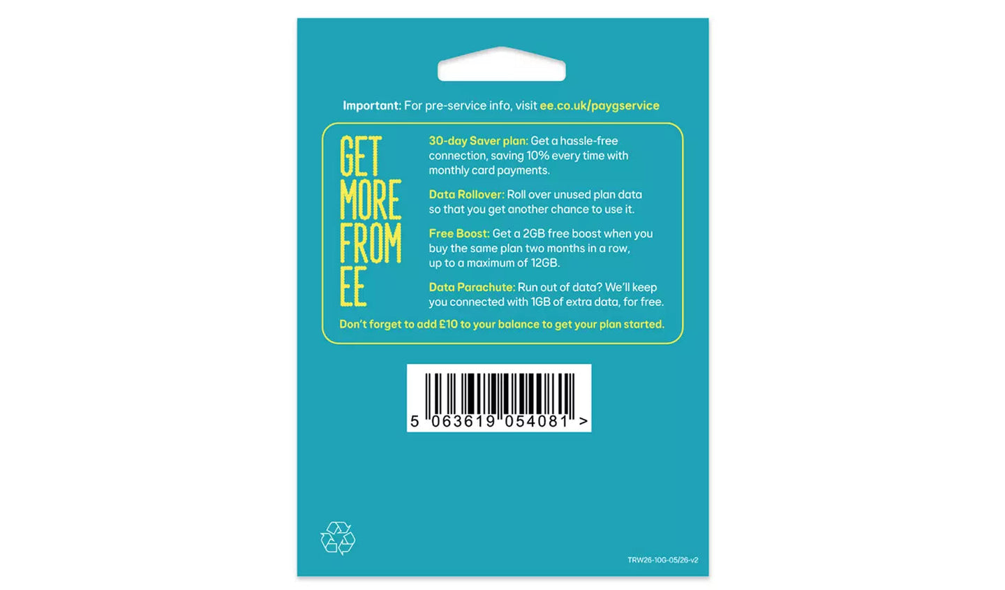 EE SIM Card back of pack – Data Rollover, Free Boost, Data Parachute features