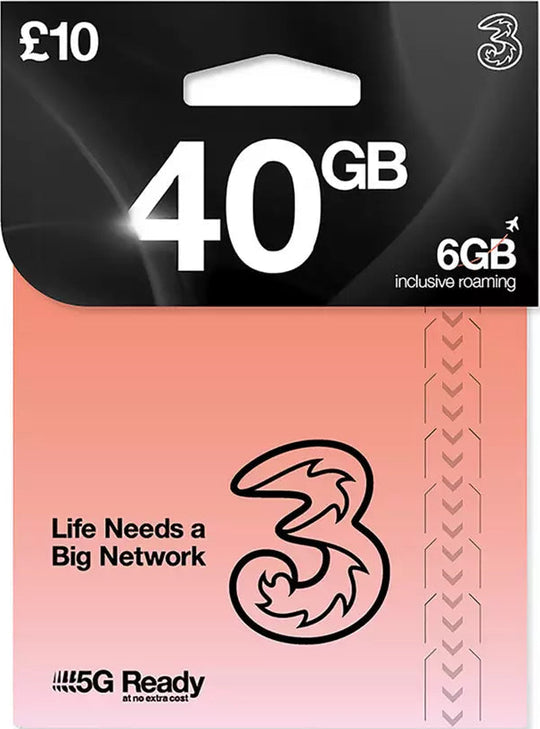 Three 40GB £10 Pay As You Go SIM Card – 5G Ready, 6GB inclusive roaming, Life Needs a Big Network