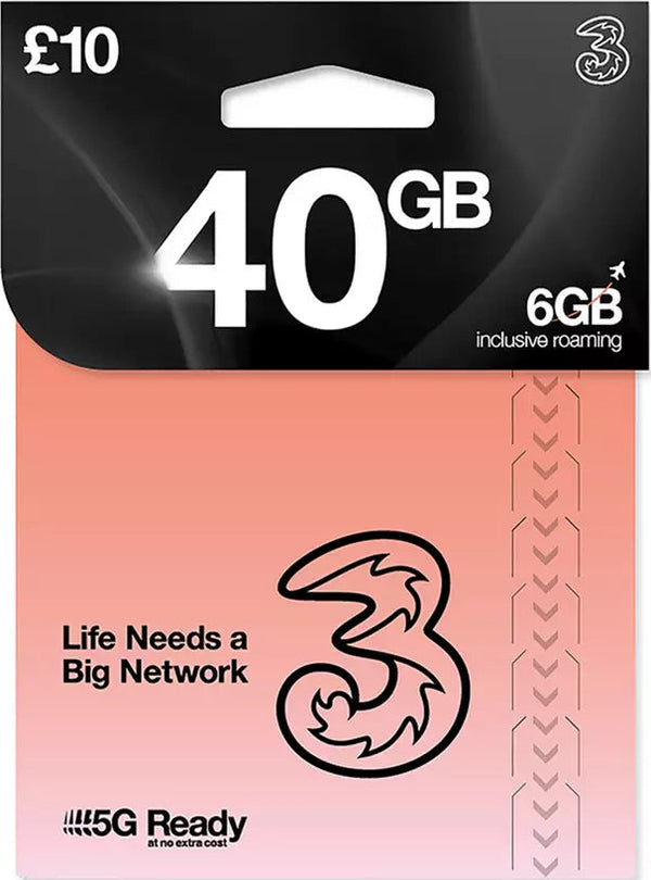 Three 40GB £10 Pay As You Go SIM Card – 5G Ready, 6GB inclusive roaming, Life Needs a Big Network