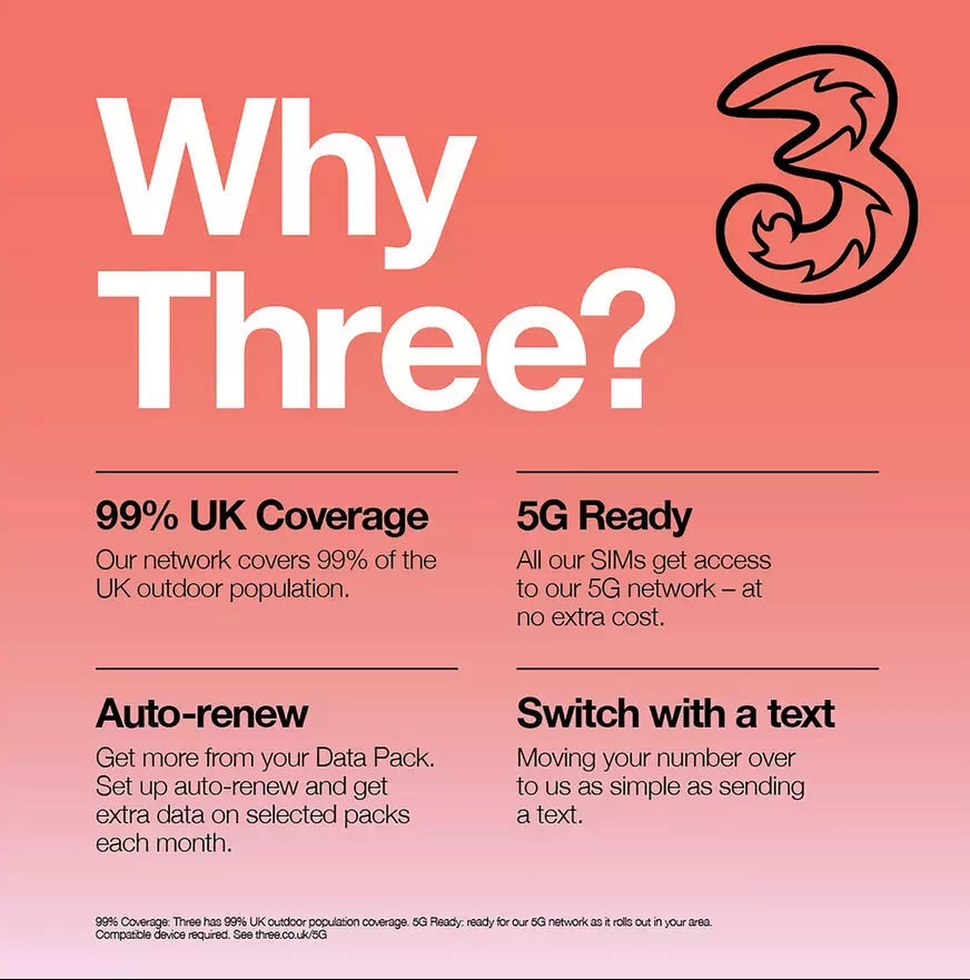 Why Three? 99% UK Coverage, 5G Ready, Auto-renew, Switch with a text