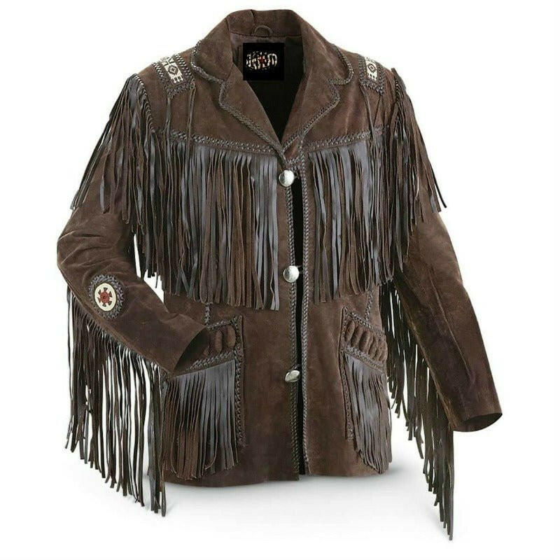 MENS COWBOY WESTERN SUEDE LEATHER JACKET WITH BONES BEADS FRINGES- BIKERS STYLE MENS CLASSIC FASHION..