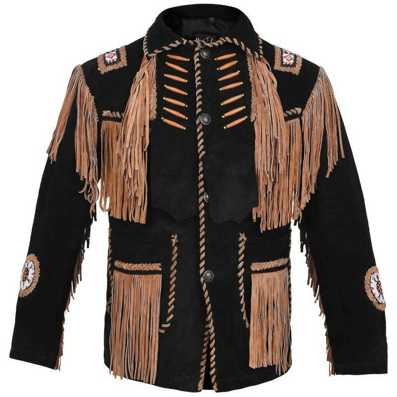 MENS COWBOY WESTERN SUEDE LEATHER JACKET WITH BONES BEADS FRINGES- BIKERS STYLE MENS CLASSIC FASHION..