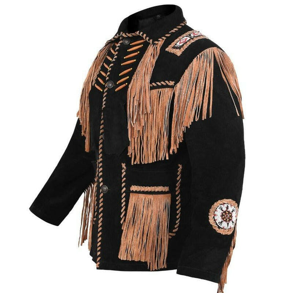MENS COWBOY WESTERN SUEDE LEATHER JACKET WITH BONES BEADS FRINGES- BIKERS STYLE MENS CLASSIC FASHION..