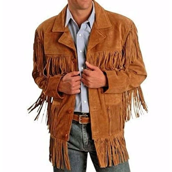 MENS COWBOY WESTERN SUEDE LEATHER JACKET WITH BONES BEADS FRINGES- BIKERS STYLE MENS CLASSIC FASHION..