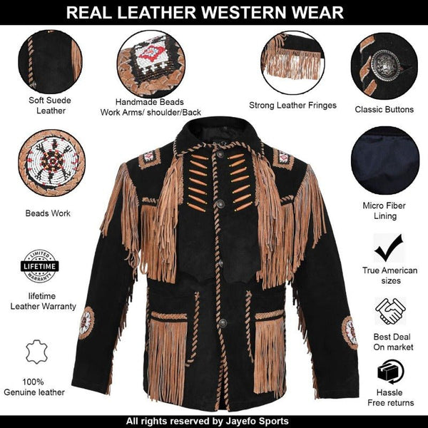 MENS COWBOY WESTERN SUEDE LEATHER JACKET WITH BONES BEADS FRINGES- BIKERS STYLE MENS CLASSIC FASHION..