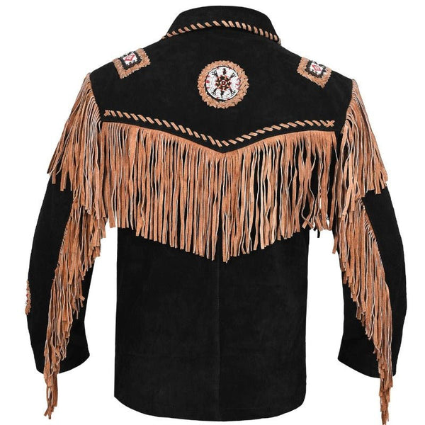 MENS COWBOY WESTERN SUEDE LEATHER JACKET WITH BONES BEADS FRINGES- BIKERS STYLE MENS CLASSIC FASHION..