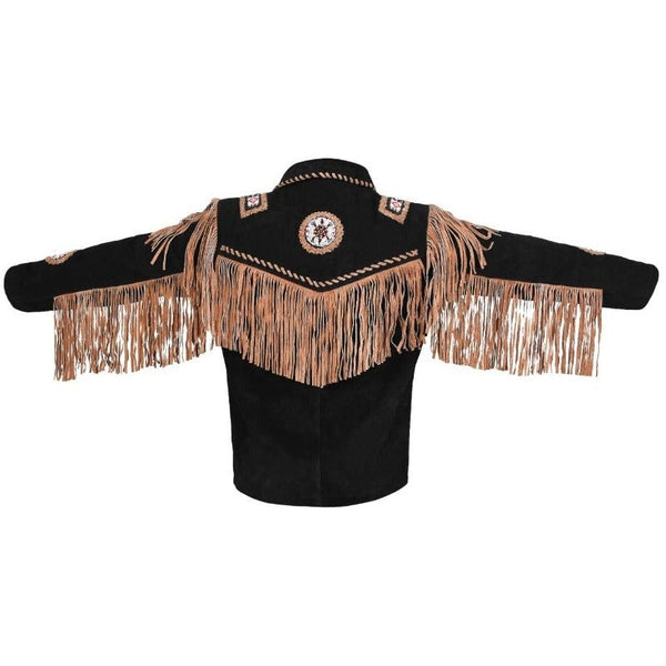 MENS COWBOY WESTERN SUEDE LEATHER JACKET WITH BONES BEADS FRINGES- BIKERS STYLE MENS CLASSIC FASHION..