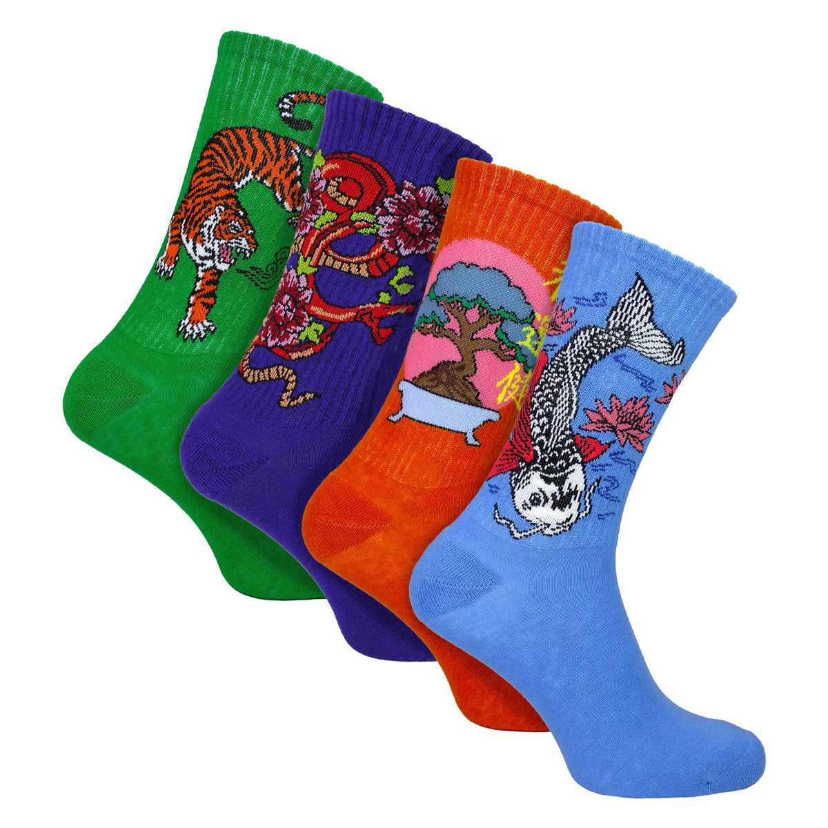 Sock Snob 4 Pairs Men's Novelty Japanese-Style Cotton Socks — Assorted Fun Patterns, Size 6-11