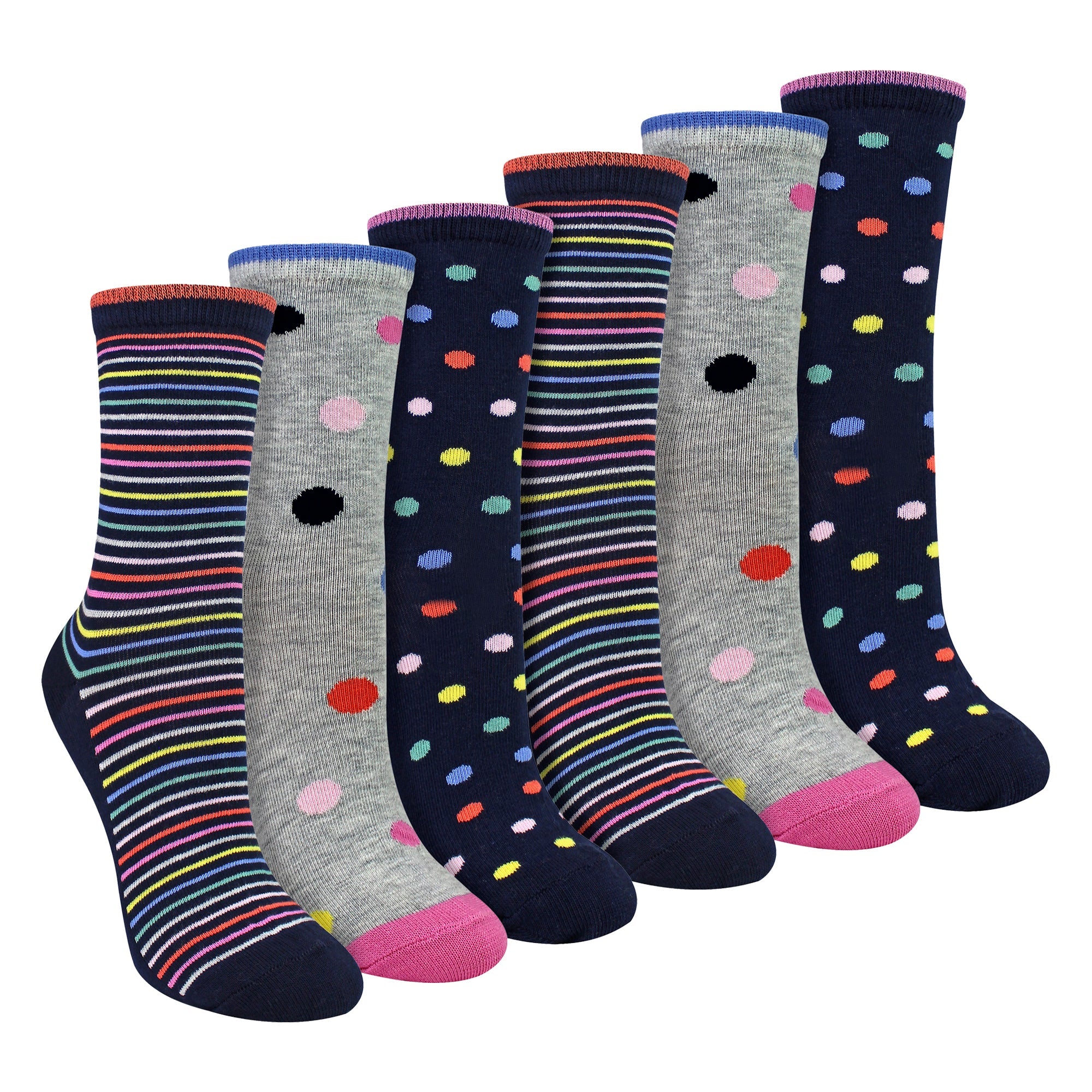 6 Pairs Ladies Spots and Stripe Patterned Socks - Soft Cotton-Rich Everyday Socks