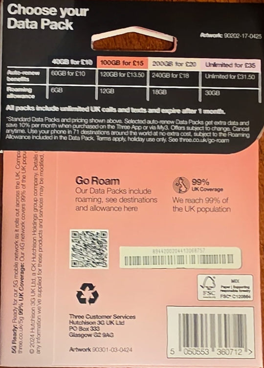 Three UK Prepaid SIM Card | £10 Loaded - 40GB 5G Data, Unlimited Mins/Texts - MNEX PRO FIGHTING LIMITED