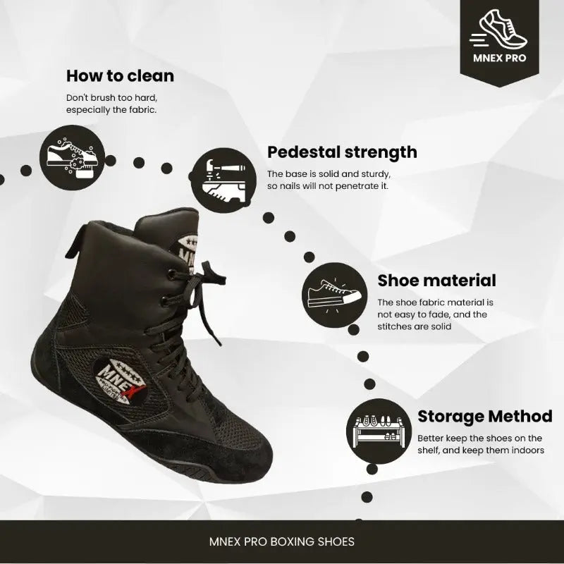 Boxing Shoes Black Combat Sports Shoes - 100% Rubber Sole & Lightweight Mesh - MNEX PRO FIGHTING LIMITED