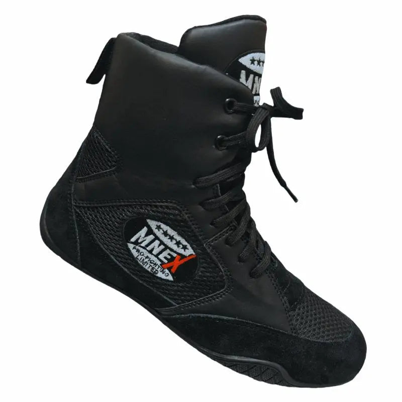 Boxing Shoes Black Combat Sports Shoes - 100% Rubber Sole & Lightweight Mesh - MNEX PRO FIGHTING LIMITED