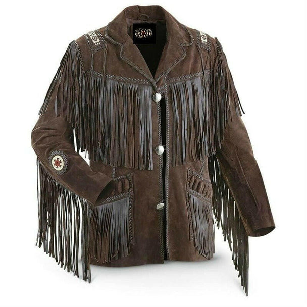 MENS COWBOY WESTERN SUEDE LEATHER JACKET WITH BONES BEADS FRINGES - BIKERS STYLE MENS CLASSIC FASHION. - MNEX PRO FIGHTING LIMITED