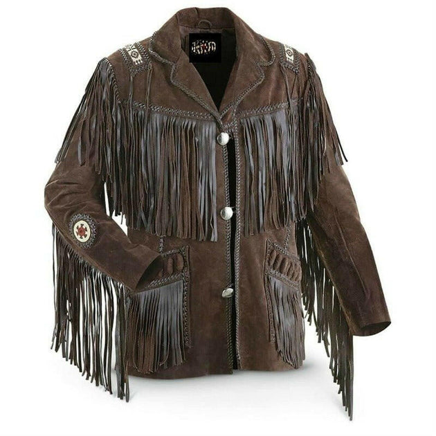 MENS COWBOY WESTERN SUEDE LEATHER JACKET WITH BONES BEADS FRINGES - BIKERS STYLE MENS CLASSIC FASHION. - MNEX PRO FIGHTING LIMITED