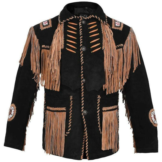MENS COWBOY WESTERN SUEDE LEATHER JACKET WITH BONES BEADS FRINGES - BIKERS STYLE MENS CLASSIC FASHION. - MNEX PRO FIGHTING LIMITED