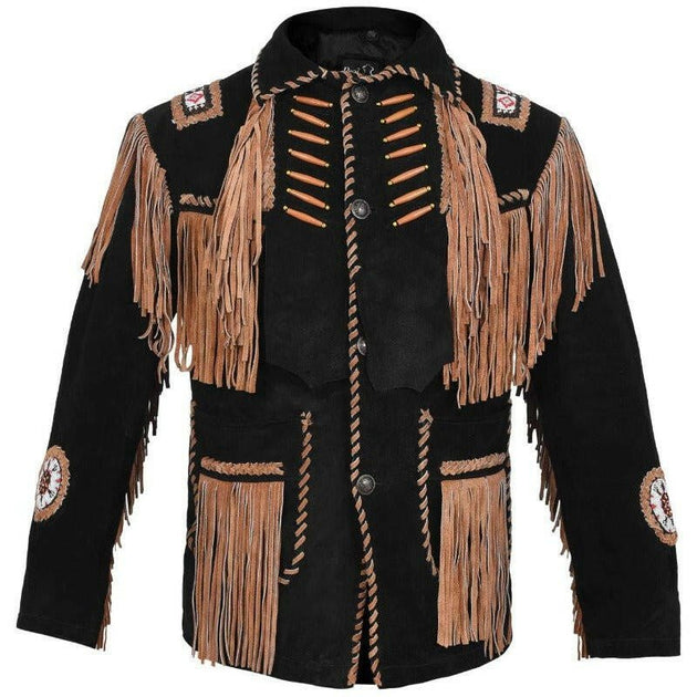 MENS COWBOY WESTERN SUEDE LEATHER JACKET WITH BONES BEADS FRINGES - BIKERS STYLE MENS CLASSIC FASHION. - MNEX PRO FIGHTING LIMITED