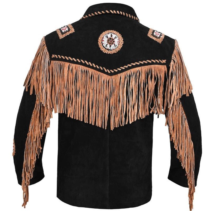MENS COWBOY WESTERN SUEDE LEATHER JACKET WITH BONES BEADS FRINGES - BIKERS STYLE MENS CLASSIC FASHION. - MNEX PRO FIGHTING LIMITED