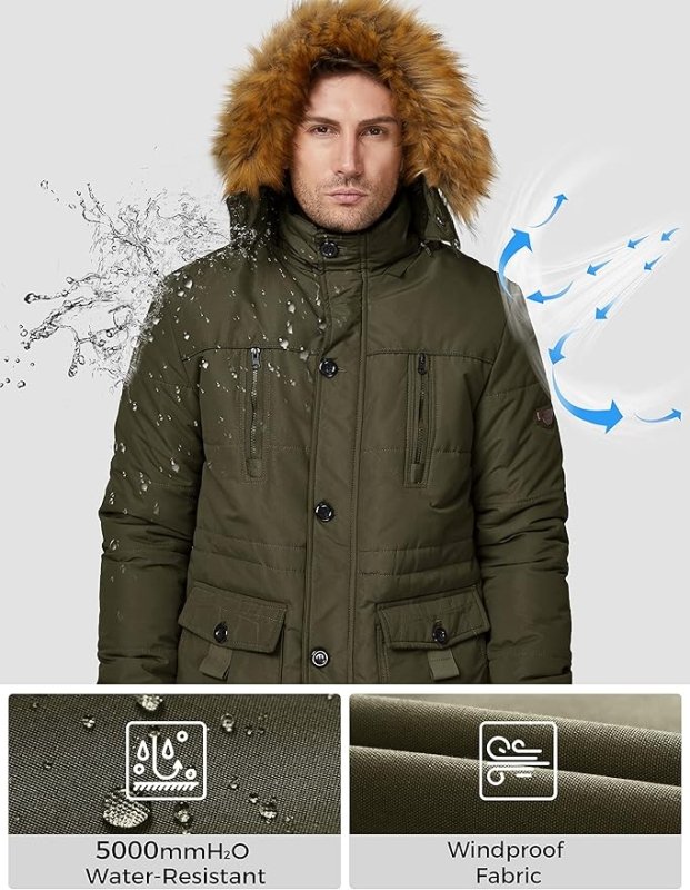 Mens Fleece Jacket Windbreaker Parka Removable Hood Army Green S WenVen - MNEX PRO FIGHTING LIMITED