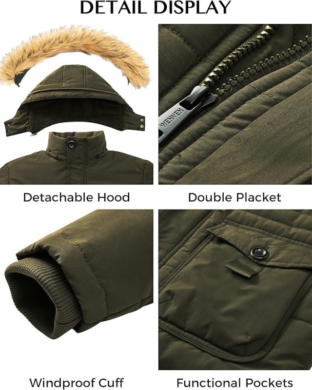 Mens Fleece Jacket Windbreaker Parka Removable Hood Army Green S WenVen - MNEX PRO FIGHTING LIMITED