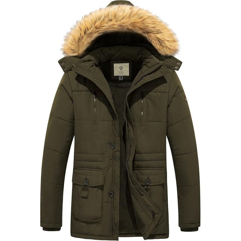 Mens Fleece Jacket Windbreaker Parka Removable Hood Army Green S WenVen - MNEX PRO FIGHTING LIMITED