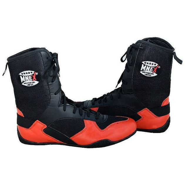 Professional Men's Boxing Boots - Red/Black Cowhide Leather - Rubber Sole - UK Sizes 7-12 - Perfect for Boxing, Kickboxing, and Martial Arts Training.