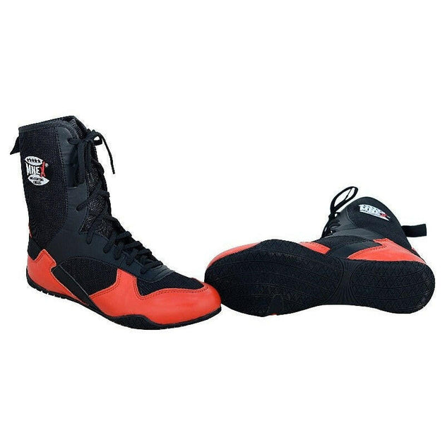 Professional Men's Boxing Boots - Red/Black Cowhide Leather - Rubber Sole - UK Sizes 7-12 - Perfect for Boxing, Kickboxing, and Martial Arts Training.