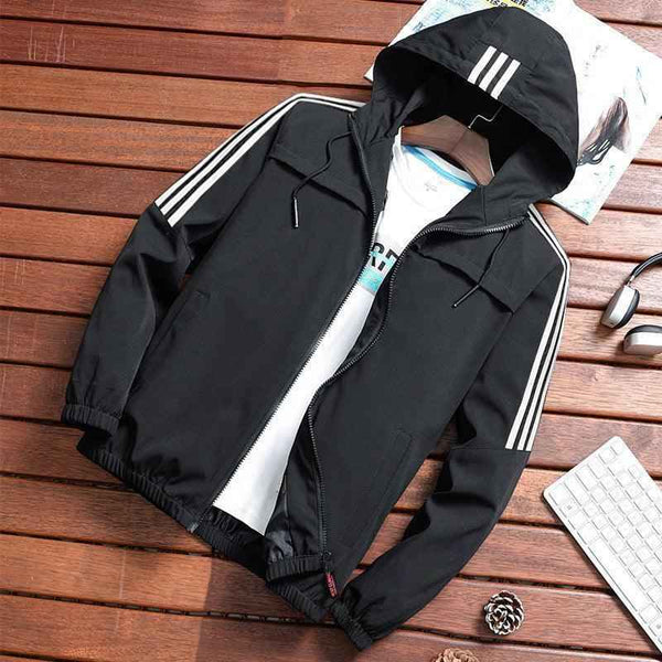 Men's Three-Stripe Hooded Windbreaker Jacket – Lightweight Waterproof Rain Coat