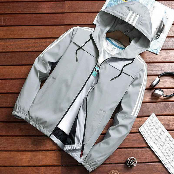 Men's Three-Stripe Hooded Windbreaker Jacket – Lightweight Waterproof Rain Coat