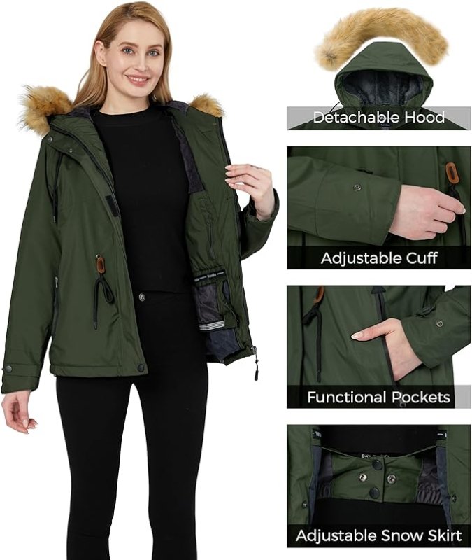 Wantdo Womens Ski Jacket Waterproof Snowboarding Winter Coat - Army Green XL - MNEX PRO FIGHTING LIMITED